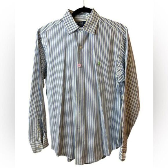 EUC POLO Ralph Lauren Men’s Blue/Yellow Striped Button Up Dress Shirt - Size M - Picture 1 of 6